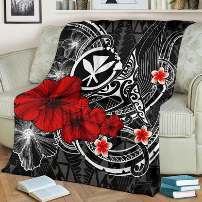 Polynesian Hawaii Kanaka Maoli Premium Blanket Humpback Whale with Hibiscus White