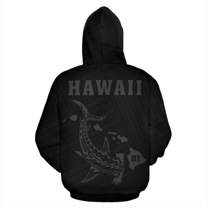 Polynesian Kakau Hammerhead Shark Map Of Hawaii Hoodie Grey