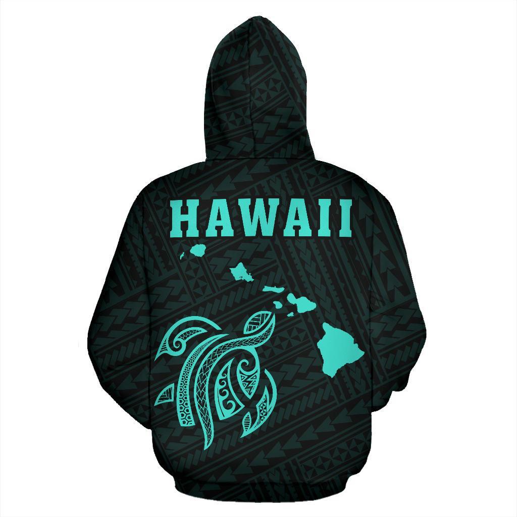 Polynesian Kakau Turtle Map Of Hawaii Zip Hoodie Turquoise