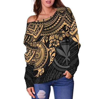 Polynesian Hawaii Women's Off Shoulder Sweater Gold Turtle