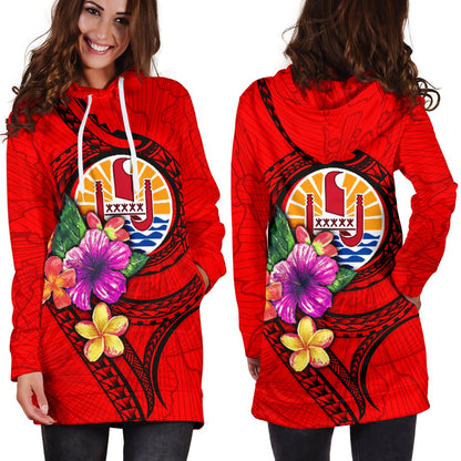 Tahiti Polynesian Women's Hoodie Dress Floral With Seal Red