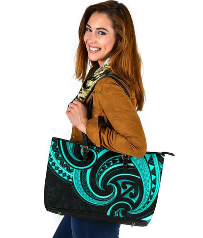 New Zealand Maori Mangopare Large Leather Tote Polynesian - Turquoise