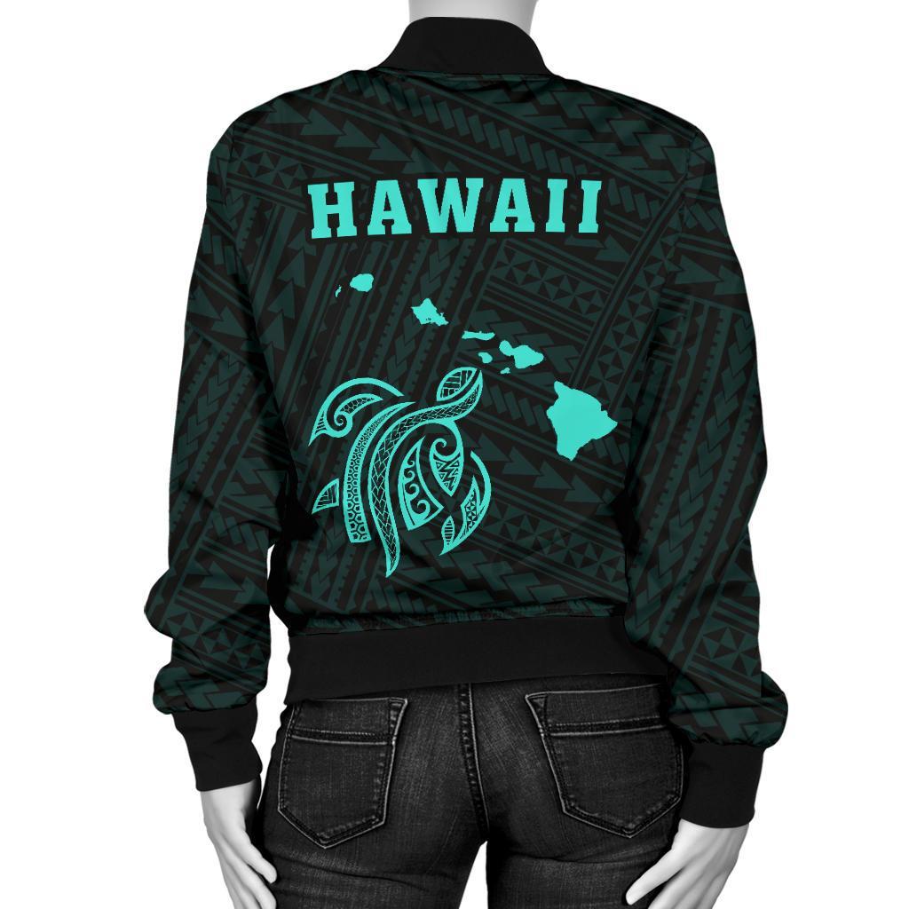 Hawaii Kakau Polynesian Turtle Map Women's Bomber Jacket Turquoise