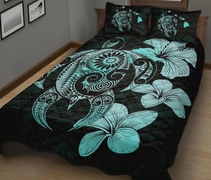 Hibiscus Plumeria Mix Polynesian Turquoise Turtle Quilt Bed Set
