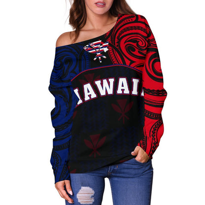 Hawaiian Kanaka Women's Off Shoulder Sweater Flag Nation Black Demodern AH