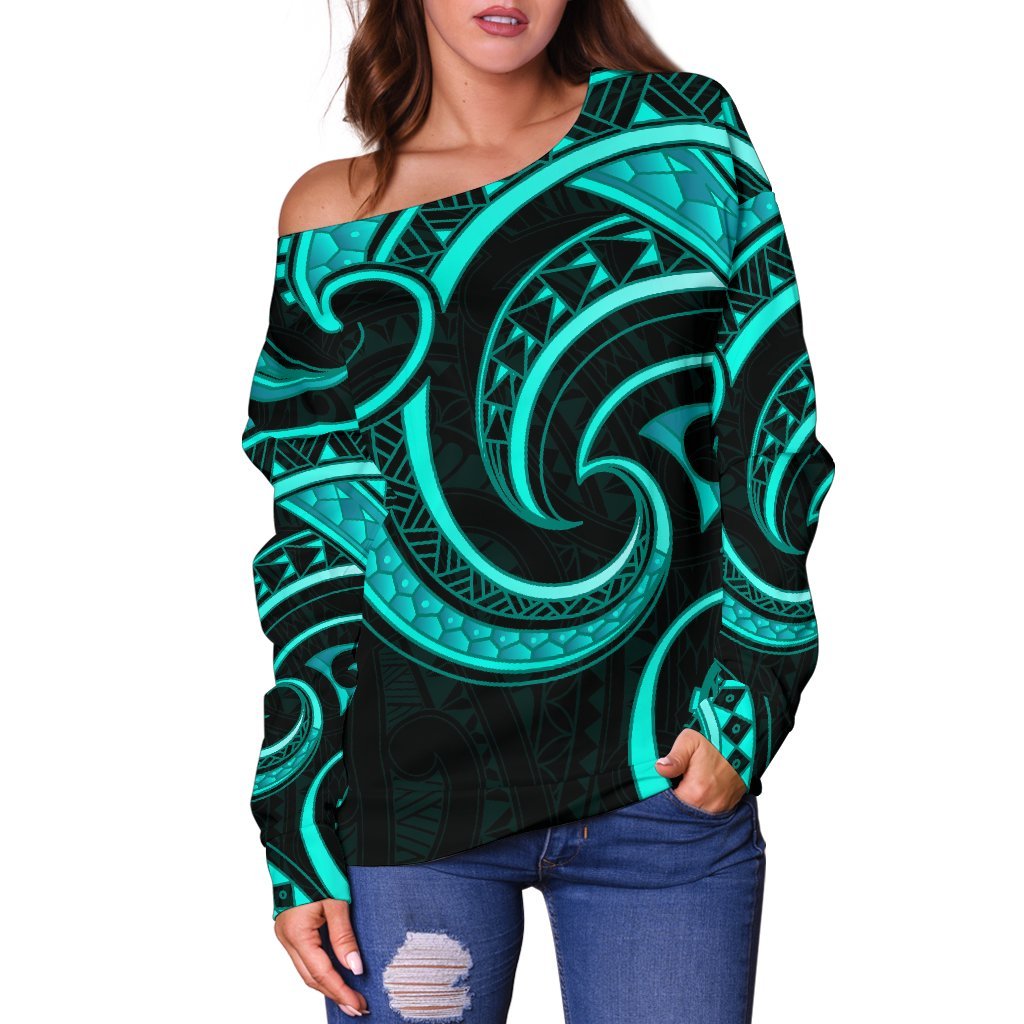 New Zealand Maori Mangopare Women Off Shoulder Sweater Polynesian Turquoise