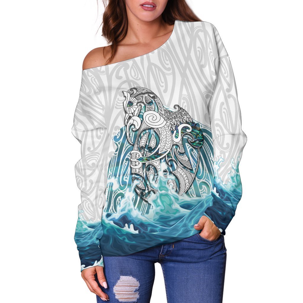 Maori Manaia The Blue Sea Women's Off Shoulder Sweater, White