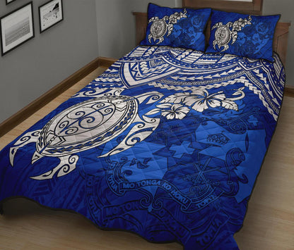 Tonga Polynesian Quilt Bed Set Tonga Coat Of Arms & Blue Turtle Hibiscus