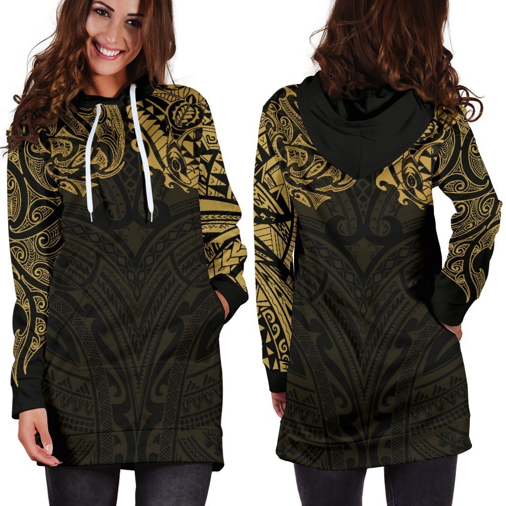 New Zealand Women'S Hoodie Dress, Maori Polynesian Tattoo Gold