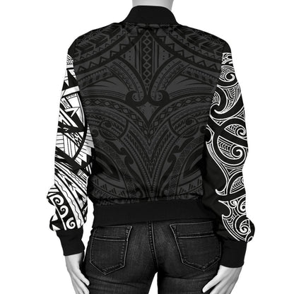 New Zealand Women's Bomber Jacket, Maori Polynesian Tattoo White