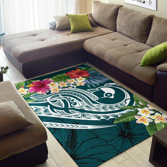 YAP Polynesian Area Rug Summer Plumeria (Turquoise)