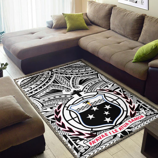 Samoa Area Rug, Samoa Coat Of Arm Polynesian Tattoo White And Black
