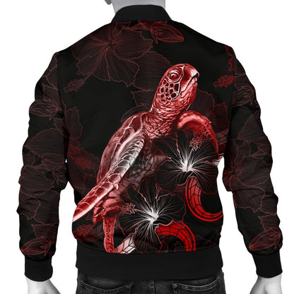 Guam Polynesian Men's Bomber Jacket Turtle With Blooming Hibiscus Red