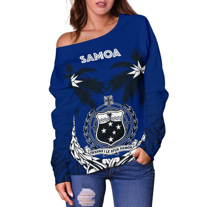 Samoa Polynesian Coconut Women's Off Shoulder Sweater (Blue) A02