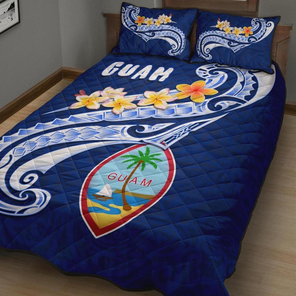 Guam Quilt Bed Set Guam Seal Polynesian Patterns Plumeria (Blue)
