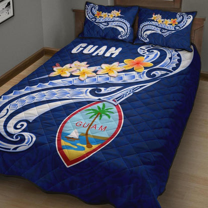 Guam Quilt Bed Set Guam Seal Polynesian Patterns Plumeria (Blue)