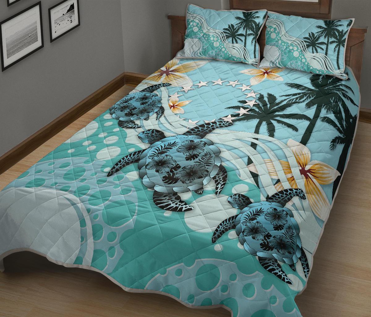 Cook Islands Quilt Bed Set Blue Turtle Hibiscus
