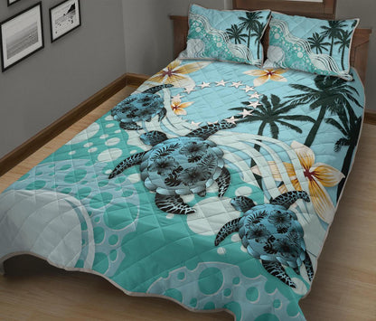 Cook Islands Quilt Bed Set Blue Turtle Hibiscus
