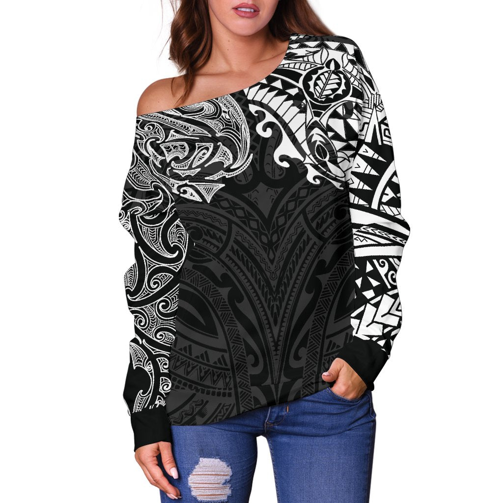 New Zealand Women's Off Shoulder Sweater, Maori Polynesian Tattoo White