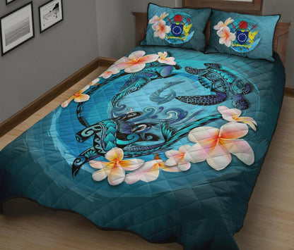 Cook Islands Polynesian Quilt Bed Set Blue Plumeria Animal Tattoo