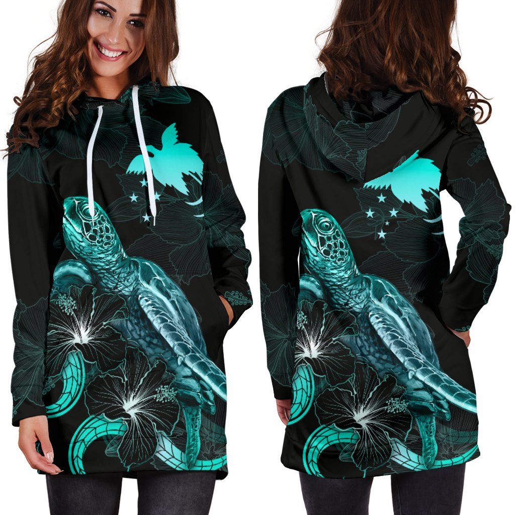 Papua New Guinea Polynesian Hoodie Dress Turtle With Blooming Hibiscus Turquoise