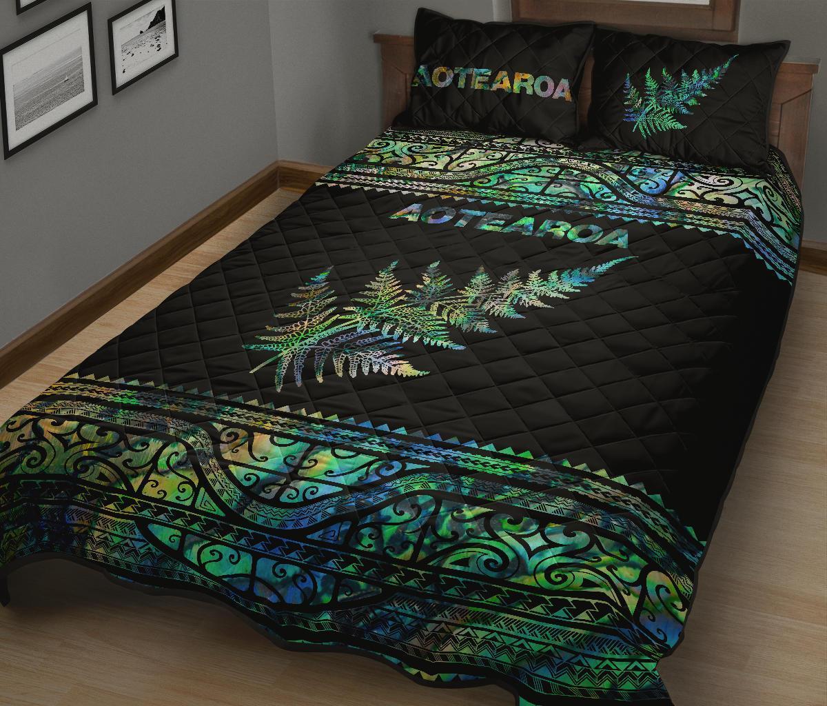 Aotearoa Maori Silver Fern Quilt Bed Set Paua Shell