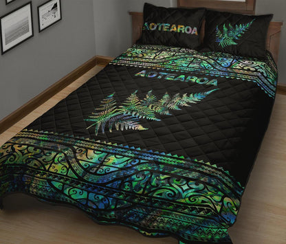 Aotearoa Maori Silver Fern Quilt Bed Set Paua Shell