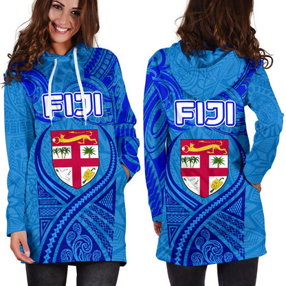 Blue Women Hoodie Dress Fiji Rugby Polynesian Waves Style