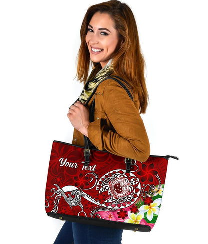 Samoa Custom Personalised Large Leather Tote Bag - Turtle Plumeria (Red)