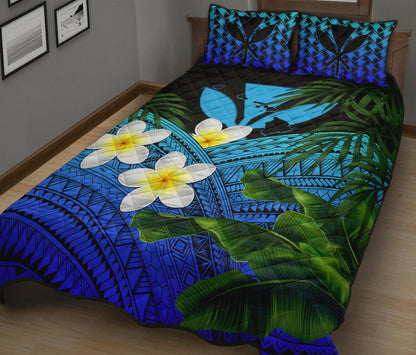 Kanaka Maoli (Hawaiian) Quilt Bed Set, Polynesian Plumeria Banana Leaves Blue