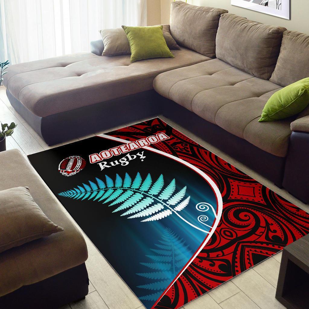 Aotearoa Rugby Black Maori Area Rug Kiwi and Silver Fern New Zealand