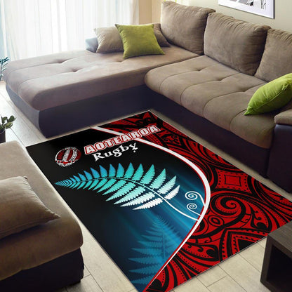 Aotearoa Rugby Black Maori Area Rug Kiwi and Silver Fern New Zealand