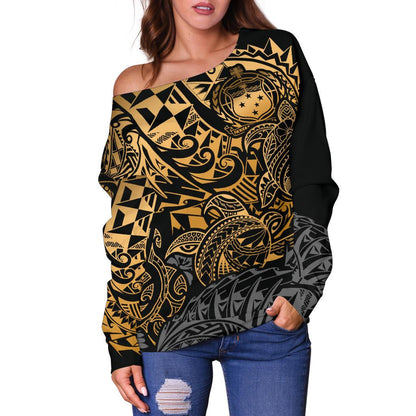 Samoa Polynesian Off Shoulder Sweater (Women) Gold Turtle Flowing