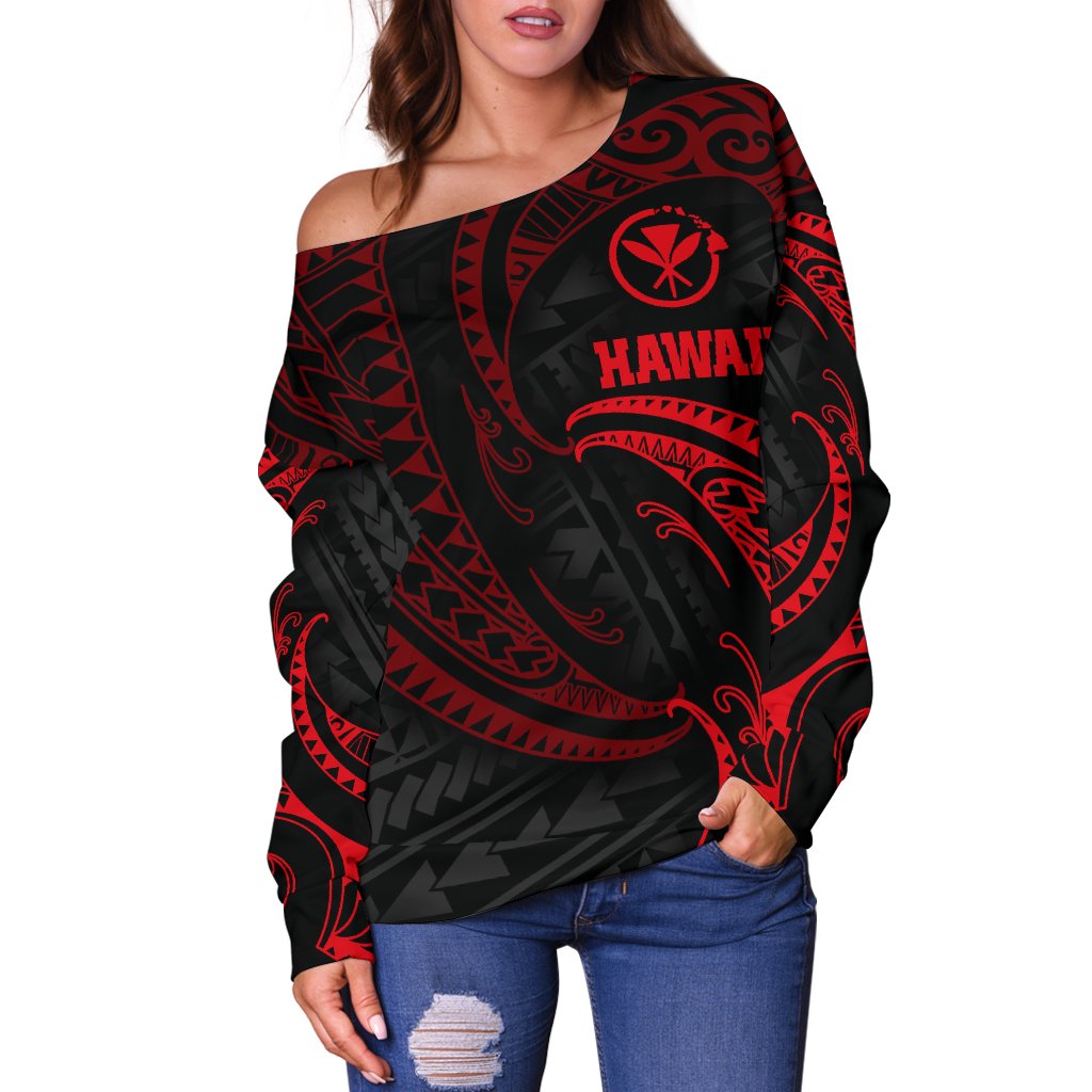 Hawaii Polynesian Women's Off Shoulder Sweater Red Tribal Wave