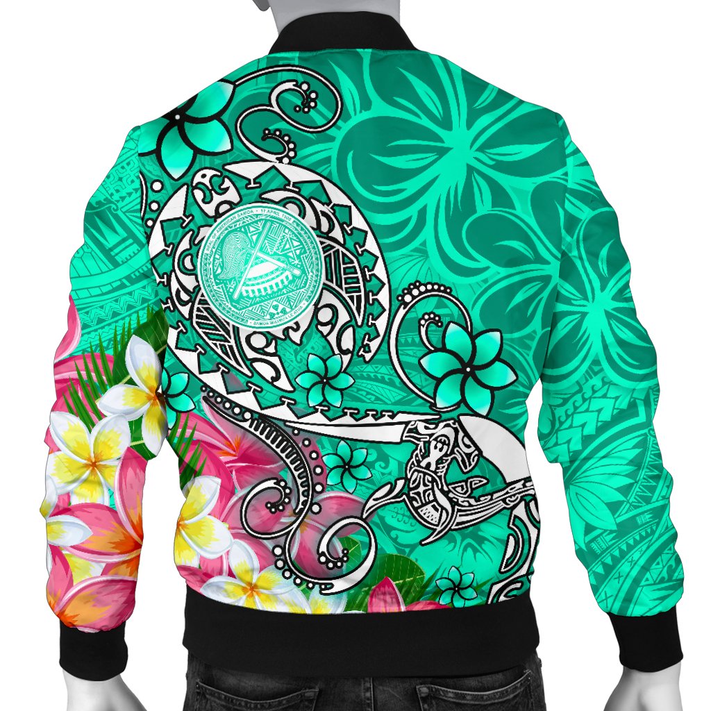 American Samoa Polynesian Men's Bomber Jacket Turtle Plumeria (Turquoise)