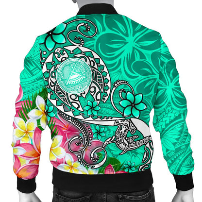 American Samoa Polynesian Men's Bomber Jacket Turtle Plumeria (Turquoise)
