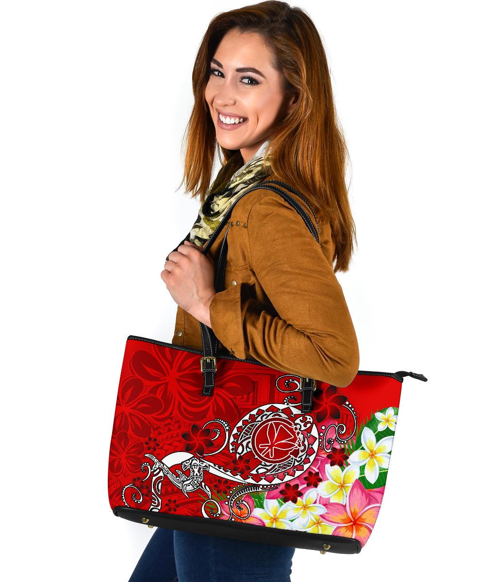 Hawaii Polynesian Leather Tote Bag - Turtle Plumeria (Red)