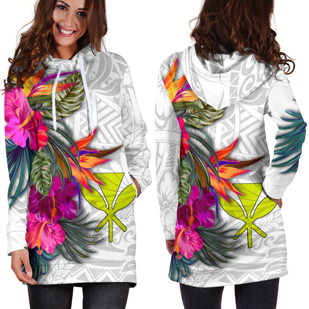 Hawaii Women's Hoodie Dress Polynesian Hibiscus White Pattern