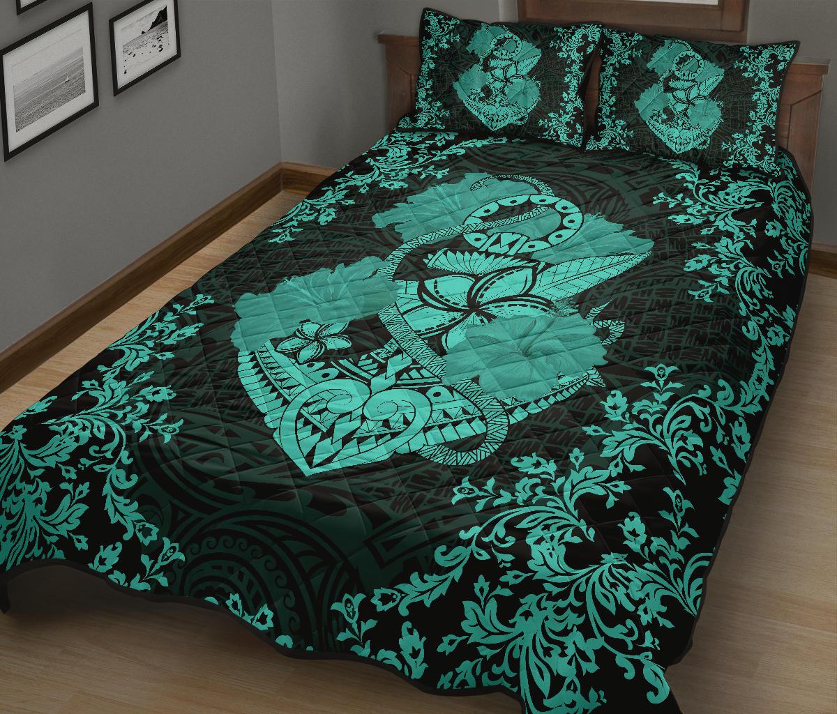 Hawaii Anchor Hibiscus Flower Vintage Quilt Bed Set AH Turquoise
