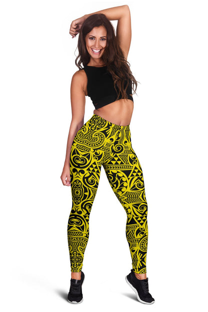 Polynesian Kakau Turtle Yellow Hawaii Women's Leggings AH