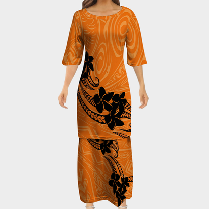 Plumeria Pattern Orange Pattern Women's Puletasi Dress Men's Shirt Polynesian Matching Outfit