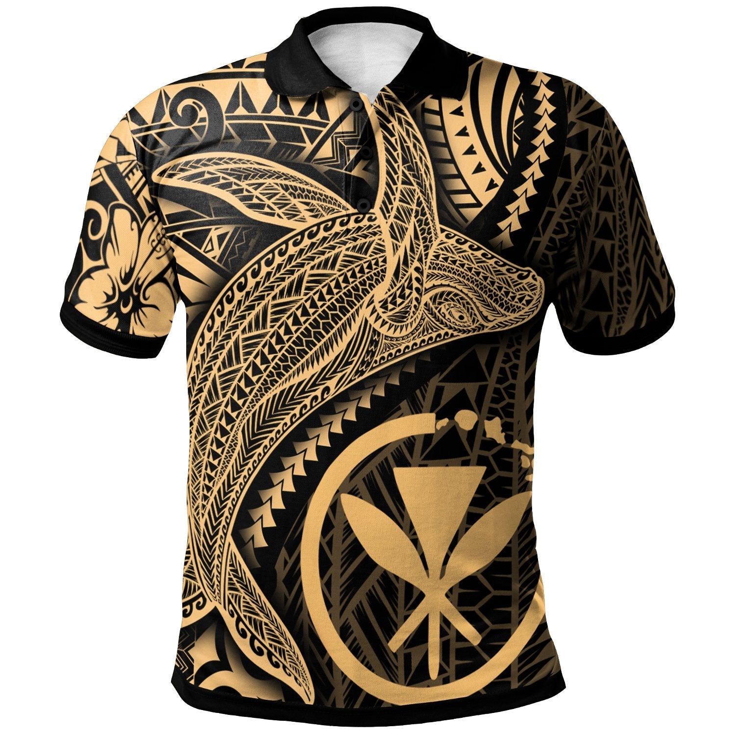 Hawaii Kanaka Maoli Map Polo Shirt - Humpback Whale & Coat of Arms Gold