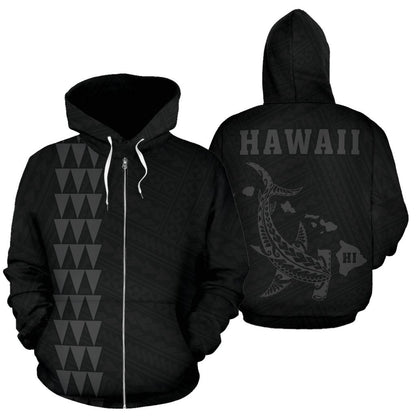 Hawaii Kakau Polynesian Gray Hammerhead Shark Hoodie Zip