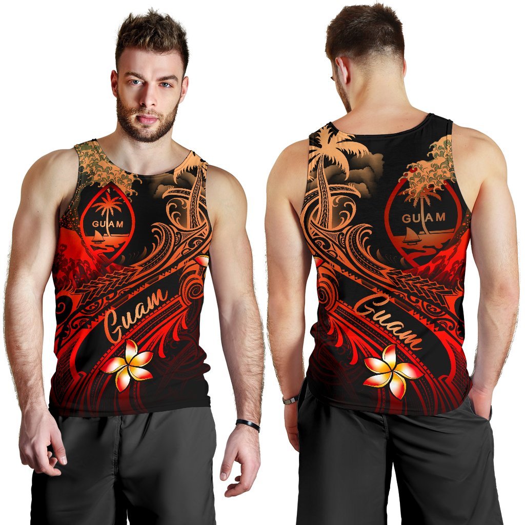 Guam Polynesian Men's Tank Top Plumeria Flowers And Waves