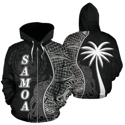 Samoa Polynesian Zip Up Hoodie Coconut Tree Black