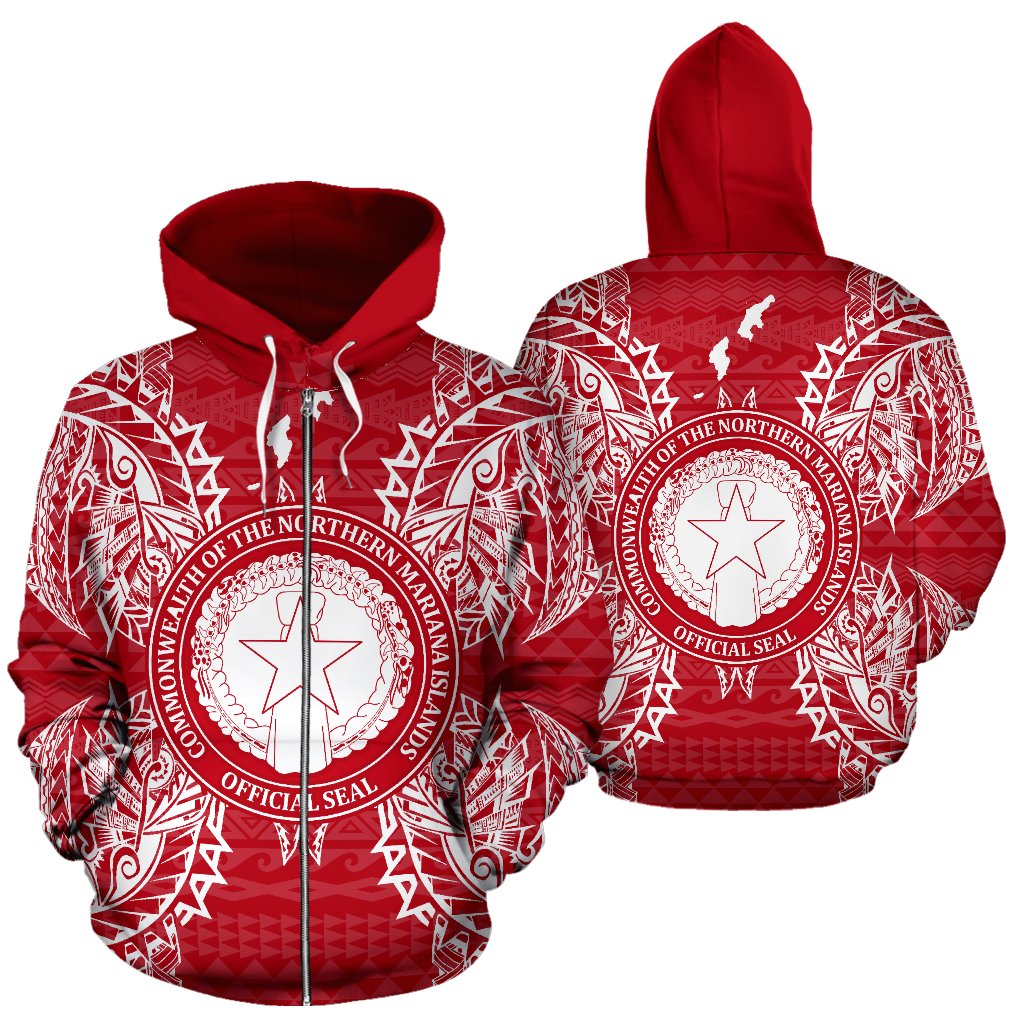 Northern Mariana Islands Polynesian All Over Zip Up Hoodie Map Red White