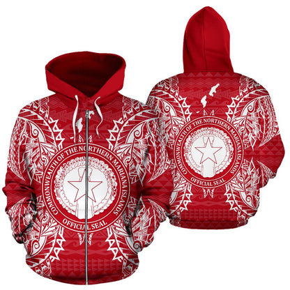 Northern Mariana Islands Polynesian All Over Zip Up Hoodie Map Red White