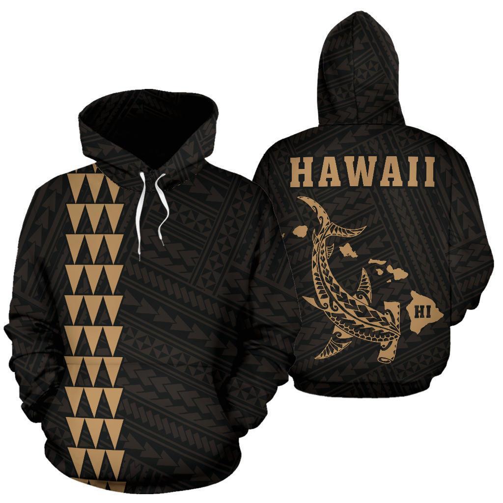 Polynesian Kakau Hammerhead Shark Map Of Hawaii Hoodie KIDS Gold