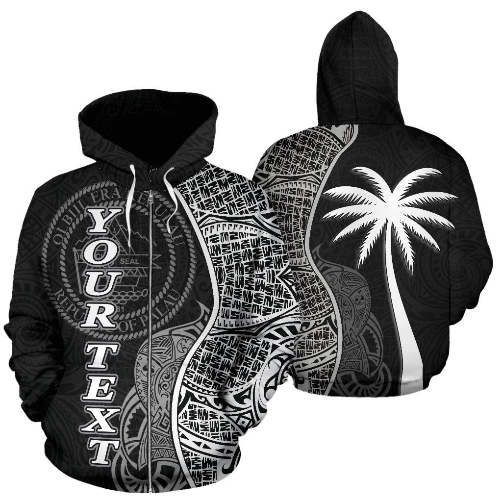 Custom Text Palau Polynesian Custom Personalised Zip Up Hoodie Coconut Black