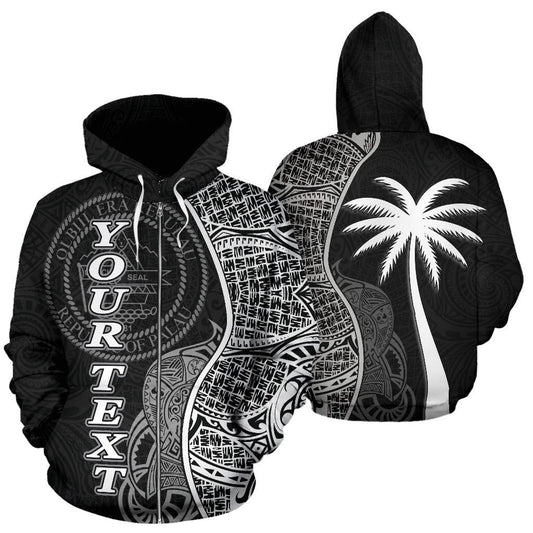 Custom Text Palau Polynesian Custom Personalised Zip Up Hoodie Coconut Black